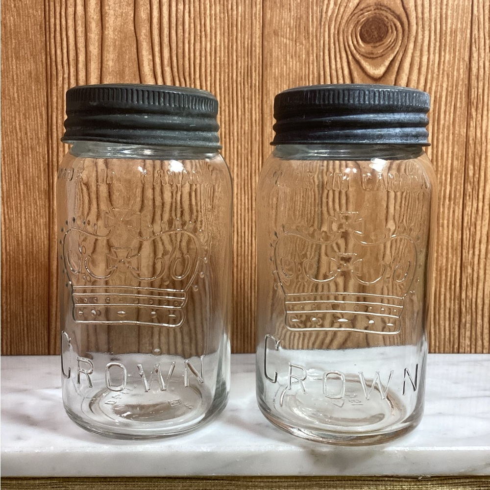 Vintage 1940’s Crown Glass Mason Jars with glass/zinc Lids